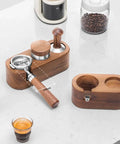 Wooden Espresso Tamper Holder Station With 3 Slots For Tampers And Portafilter, Anti Slip Bottom, Dark Walnut Finish, on countertop
