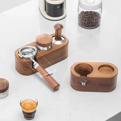 Wooden Espresso Tamper Holder Station With 3 Slots For Tampers And Portafilter, Anti Slip Bottom, Dark Walnut Finish, on countertop