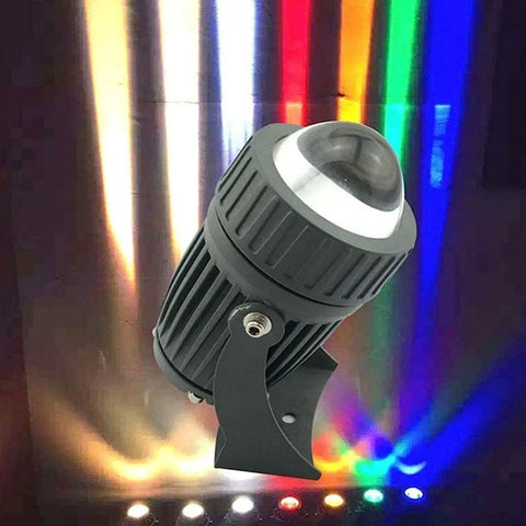 Long‑Throw LED Floodlight, Outdoor Wall Spotlight(Green 5w) with a shiny dome lens projecting colorful light beams.