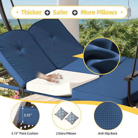 Close-up of cushions on Three Seat Outdoor Porch Patio Swing with adjustable canopy and cup holder, emphasizing comfort features.