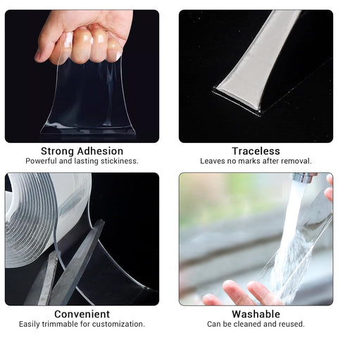 Collage of Nano Tape 3 Rolls Double Sided Adhesive Tape Transparent Traceless Sticky Tape Removable Washable Reusable in use.