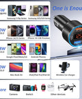 Quad Port Usb C Car Charger With Digital Voltage Gauge And Pd Fast Charge Tech For All Phones And Tablets Road Trip Ready Slick Black Finish with device compatibility display.