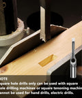 Square Hole Wood Drill Bit Set For Mortises Three Piece HSS Pro Grade Square Mortise Bits Five Sixteenths Inch Three Eighths Inch One Half Inch For Woodworking Use With Square Tenoning Machines ATOPLEE in use with square tenoning machine.