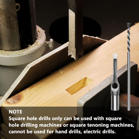 Square Hole Wood Drill Bit Set For Mortises Three Piece HSS Pro Grade Square Mortise Bits Five Sixteenths Inch Three Eighths Inch One Half Inch For Woodworking Use With Square Tenoning Machines ATOPLEE in use with square tenoning machine.