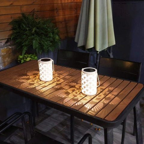 Solar Powered Outdoor Lanterns Waterproof White Table Lanterns Set Of 2 For Outdoor Use Hanging LED Lights illuminating table