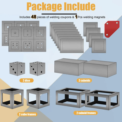 49 Pieces Steel Welding Practice Kit With Magnets And Coupons showing components: 2 dice, 2 cubes, and 4 cuboids for training.