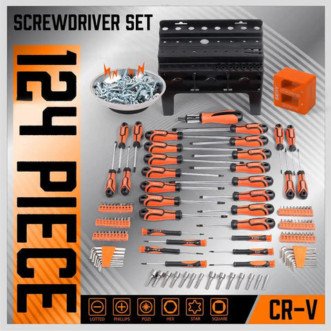 All In One 124-Piece Magnetic Screwdriver Set With Plastic Racking, Precision Drivers, Magnetizer And Demagnetizer displayed