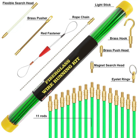 21 Feet Fiberglass Fish Tape Cable Rods Kit With Glow Rods And Hook Hole Set 15 Rods With Brass Connectors and accessories
