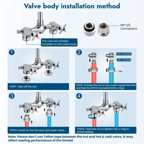 Installation steps for Wall Mount Outdoor Shower Kit With Chrome Rainfall Head And Handheld Spray, exposed dual function faucet.