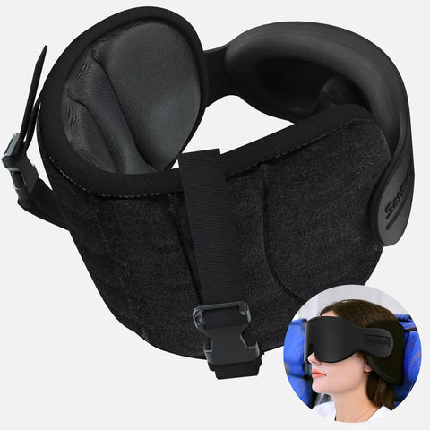 Travel Pillow for Airplanes and Cars with Built In Eye Mask, 360 Degree Neck Support Headrest, anti bobblehead design shown
