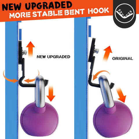 Comparison of upgraded and original magnetic hooks holding a weight, showing stability enhancement in upgraded large magnetic hooks.