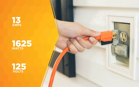 Person plugging Outdoor Extension Cord 25 Ft 16 Gauge SJTW Flexible Vinyl Jacket Bright Orange UL Listed into outlet.