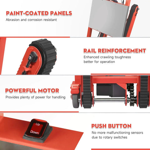 Close-up of Heavy Duty Electric Stair Climbing Dolly With 1250 Watt Motor and 900 Lb Capacity features like powerful motor and reinforced rails.