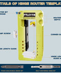 Door Hinge Mounting Template Kit Green for 3-5 Inch Hinges, 90 Degree Positioning, Fits 1/4 Inch and 5/8 Inch Door Thicknesses, Mortise Opener Included, Clips for Quick and Precise Woodworking Installations showing features and tools.