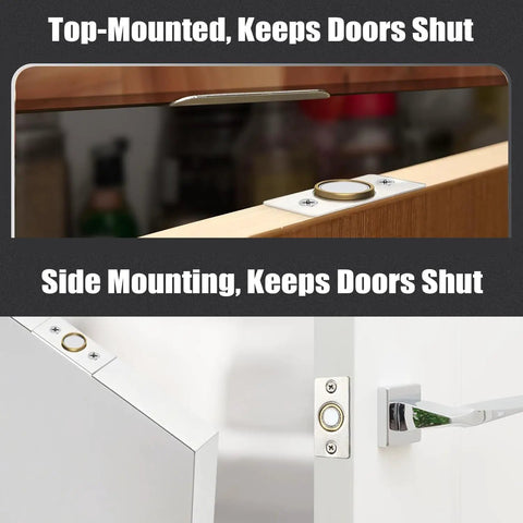 Magnetic Door Catch 2 Pack Adjustable Cabinet Magnets For Smooth Slam Free Closure shown top and side mounted on doors