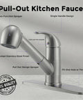 Brushed Nickel RV Kitchen Faucet With Pull Out Sprayer And 360 Degree Swivel Single Lever One Hole Installation Stainless Steel Prep Sink Faucet For Small Kitchens showing pull-out sprayer.