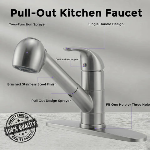 Brushed Nickel RV Kitchen Faucet With Pull Out Sprayer And 360 Degree Swivel Single Lever One Hole Installation Stainless Steel Prep Sink Faucet For Small Kitchens showing pull-out sprayer.