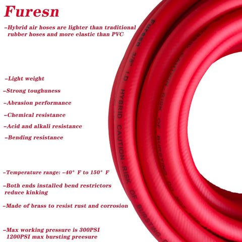 Heavy Duty 3/8 Inch By 50 Ft Hybrid Air Compressor Hose With 300 Psi Max Pressure And Solid Brass Fittings coiled, showcasing flexibility and durability.