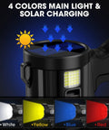 Rechargeable Spotlight 2,000,000 Lumens Handheld LED Flashlight With COB Light And Solar Panels showing color modes and solar charging