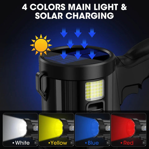 Rechargeable Spotlight 2,000,000 Lumens Handheld LED Flashlight With COB Light And Solar Panels showing color modes and solar charging