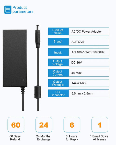 36V 4A 144W Power Supply Adapter For LED Lights Printers And Laser Engravers 100V To 240V AC To DC 36V Output With 5.5mm X 2.5mm Plug