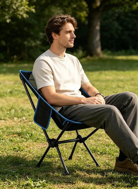 Ultralight Folding Camp Chair For Backpacking And Hiking Fourth Gen Compact And Lightweight in use by person outdoors