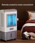 Super Sleek Portable 3 In 1 Evaporative Air Cooler And Swamp Cooler With 3 Adjustable Speeds Plus Ice Packs, in bedroom with remote control.