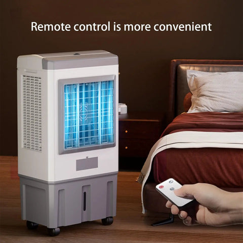 Super Sleek Portable 3 In 1 Evaporative Air Cooler And Swamp Cooler With 3 Adjustable Speeds Plus Ice Packs, in bedroom with remote control.