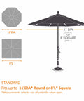Diagram showing dimensions for 11’ round or 8’ square patio umbrellas with Beefy Heavy Duty Patio Umbrella Cover for 7 to 9 Foot Parasols.