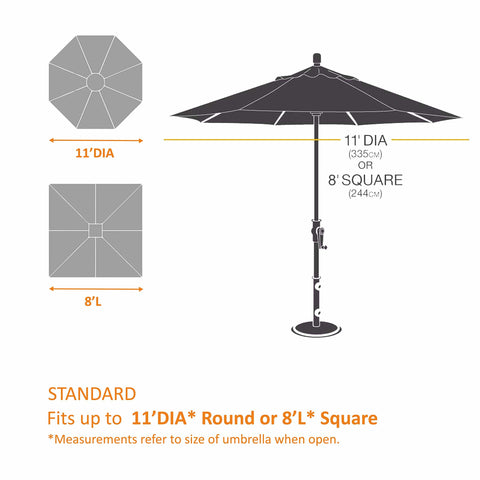 Diagram showing dimensions for 11’ round or 8’ square patio umbrellas with Beefy Heavy Duty Patio Umbrella Cover for 7 to 9 Foot Parasols.