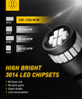 Close-up of Brilliant Red LED Car Light Set showing 3014 chipsets with brightness and power details on a graphic background.