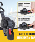 Beefy Retractable Transom Tie Down Straps 1 Inch By 10 Feet Bolt On showing ergonomic handle and red release button