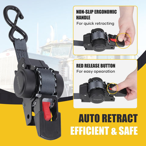 Beefy Retractable Transom Tie Down Straps 1 Inch By 10 Feet Bolt On showing ergonomic handle and red release button