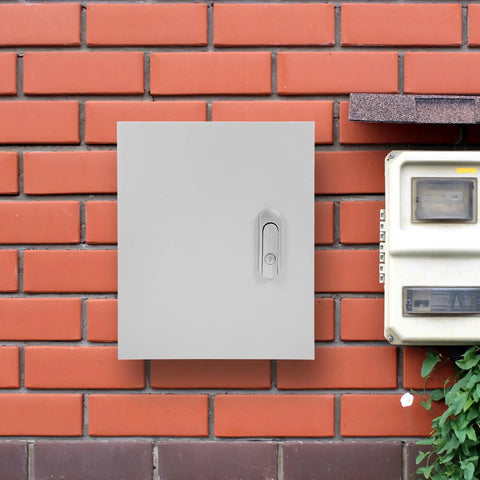 Beefy Built Tough Power Distribution Box Metal Enclosure With Lid 25x30x14 Cm mounted on a red brick wall outdoors