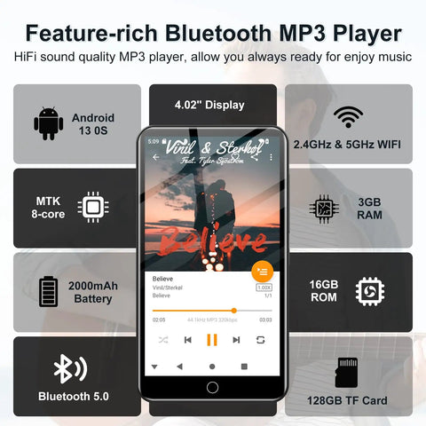 144GB Android 13 MP3 Player With Bluetooth And WiFi, 4 inch touchscreen features and specifications display