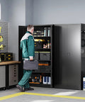 Heavy Duty Metal Garage Storage Cabinet With Locking Doors And Adjustable Shelves, 71 Inch High, 32 Inch Wide, 16 Inch Deep, Steel Tool Cabinet For Home Office Or Warehouse, Powder Coated Rust Resistant, shown open in garage with tools and boxes