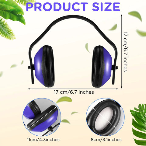 Six Pack Adjustable Safety Ear Muffs For Noise Reduction And Hearing Protection All Day Comfort For Hunting Shooting Construction And Woodworking Blue shown with size dimensions.