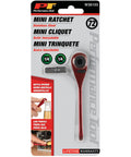 Quarter Inch Drive Anodized Stainless Steel Ratchet With 72 Tooth Gear in packaging, includes key ring tool and bottle opener.