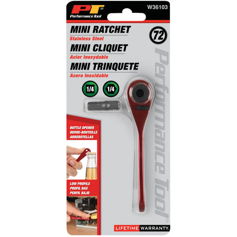 Quarter Inch Drive Anodized Stainless Steel Ratchet With 72 Tooth Gear in packaging, includes key ring tool and bottle opener.