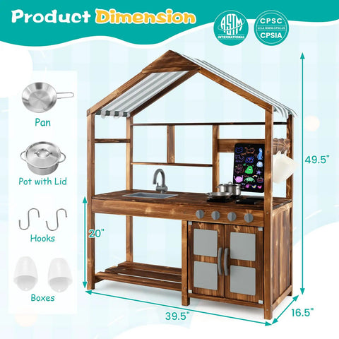 Outdoor Mud Kitchen For Kids With Canopy Wooden Pretend Play Kitchen Chalkboard Four Stoves Removable Sink Storage