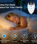 Child sleeping with Upgraded 2026 Ultrasonic Pest Repeller Pack Of 4 For Indoor Use Plug In Rodent Roach Bug Control System