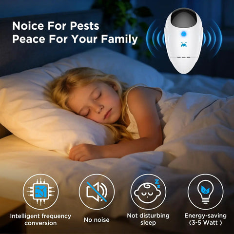 Child sleeping with Upgraded 2026 Ultrasonic Pest Repeller Pack Of 4 For Indoor Use Plug In Rodent Roach Bug Control System