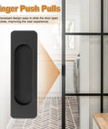 Matte Black Aluminum Sliding Door Pulls 2 Pack Rectangular Self Adhesive Finger Push Pulls for Sliding Barn Doors Windows Cabinets Three Point Nine Inches Long Durable Easy Install recessed handle on sliding door