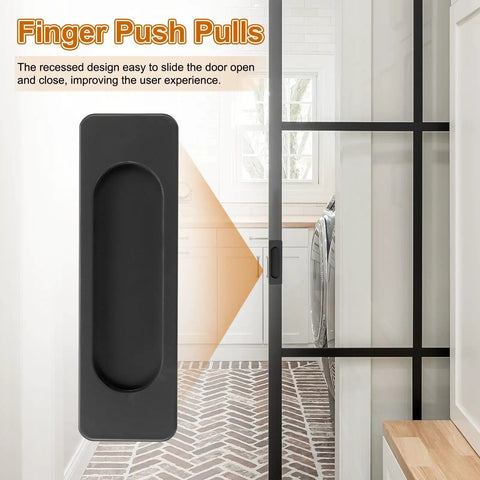 Matte Black Aluminum Sliding Door Pulls 2 Pack Rectangular Self Adhesive Finger Push Pulls for Sliding Barn Doors Windows Cabinets Three Point Nine Inches Long Durable Easy Install recessed handle on sliding door