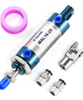 Built Tough Pneumatic Air Cylinder Featuring A Rock Solid Double Acting Design Hella Durable 16mm Bore 25mm Stroke Aluminum Housing Adjustable Cushion M5 Ports Includes Y Connector And Pair Of Six Millimeter Fittings with fittings and connectors.