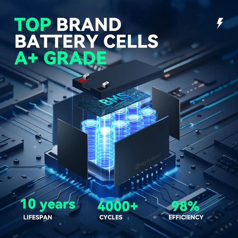 Diagram showing internal structure of 24V LiFePO4 Battery Pack 6Ah With 29.4V 1A Charger 20A BMS, highlighting cells and efficiency.