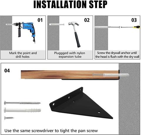 Installation steps for Four Pack Floating Shelf Brackets 4x3 Inch Hidden Triangle Design with tools and hardware.