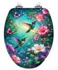 Elongated Vibrant Hummingbirds Butterflies Chinoiserie Toilet Seat with colorful floral design and soft-close hinge.