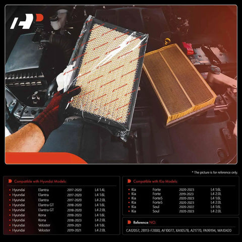 Engine Air Filter For Hyundai Elantra 2017-2020, Elantra GT 2018-2020, Kona 2018-2023, Kia Forte 2019-2023 showcased in engine bay.