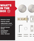 Pismo Interior Passage Door Knob For Closet And Hallway Doors Non Locking Satin Nickel With Microban Protection Easy DIY Install Fits Standard Latch Ideal For Doors That Dont Need Security Smooth Operation And Durable Handle shown with installation components